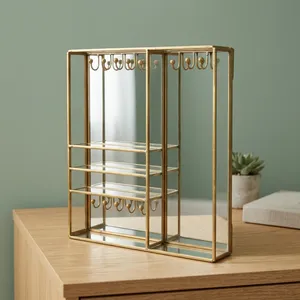 Artisan Design SH27 Brass/Glass/Mirror Jewelry Organizer with <b>Hooks</b> <b>Shelves</b> for Rings Earrings Necklace Storage (11x11.75x2.25") - Product Image 2