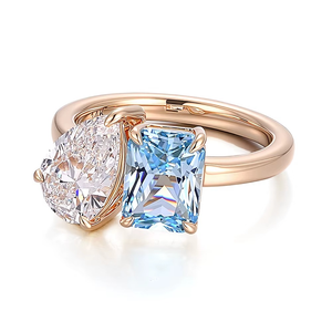 Anillo de Oro Amarillo Real de 14k Personalizado con Moissanita de Corte Radiante de 6*8mm y Zafiro con Moissanita de Corte Pera, Anillo de Compromiso y Boda - Product Image 2