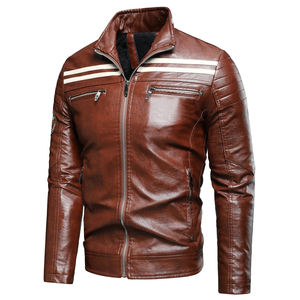 Veste décontractée pour homme en cuir véritable épais, col montant, fermeture éclair, style urbain, pour l'extérieur, veste en cuir noir pour homme - Product Image 4