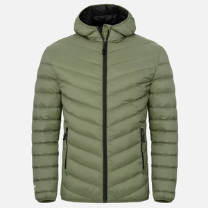 Veste matelassée à capuche pour homme, couleur vert olive, longue, rembourrée de duvet, coupe-vent, manteau d'hiver décontracté, coupe régulière, fermeture éclair - Product Image 1
