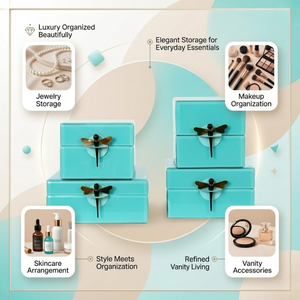 Ensemble de boîtes décoratives en verre turquoise moderne avec poignée en forme de libellule métallique |   Étuis de rangement de luxe pour bijoux et maquillage de vanité - Product Image 2