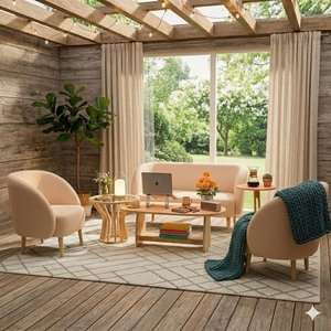 Conjunto de Sofá Moderno de Madera Curvada con Tapicería Beige, Diseño Escandinavo para Sala de Estar, Acabado Mate Ecológico - Product Image 6