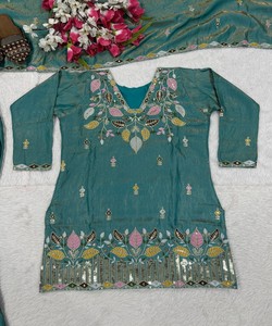 Conjunto de Palazzo de Seda Teal Bordada con Dupatta para Mujer, Estilo Tradicional Holgado Informal de India y Pakistán 86086 MARUTI 33-(MT-4027) - Product Image 4