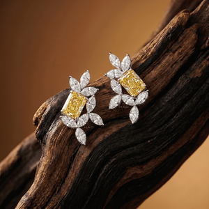 Pendientes de diamantes cultivados en laboratorio, corte radiante amarillo, oro blanco, halo floral, joyería fina de lujo para novias, regalo para mujeres - Product Image 5