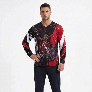 Maillot de cyclisme pour hommes, col en V, manches longues, imprimé graphique audacieux pour VTT, respirant, séchage rapide, 100% polyester - Product Image 4