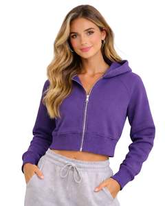 Sweat à capuche zippé court pour femme, violet, en molleton de coton, coupe ajustée, style streetwear décontracté, veste légère pour femme - Product Image 1