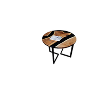 Table à café et à dîner moderne en bois époxy poli style océan avec plateau géode irisé et pieds en métal fins (forme ronde)