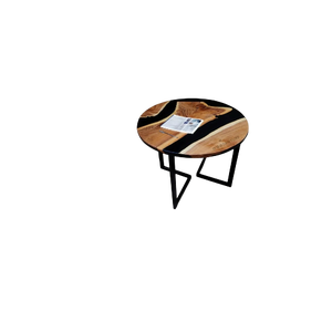 Modern Polished Ocean Style Epoxy <b>Wooden</b> Coffee & <b>Dining</b> <b>Table</b> with Iridescent Geode Top and Thin Metal Legs (<b>Round</b> Shape) - Product Image 3