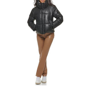Veste matelassée en cuir PU noir, col montant, fermeture éclair, coupe-vent, courte, d'hiver, unisexe, style décontracté - Product Image 5