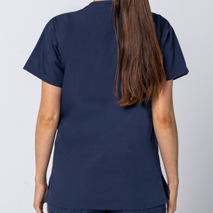 Women's Navy Blue Medical <b>Scrub</b> <b>Top</b> V Neck Short Sleeve Nursing Uniform Healthcare Workwear with Multi Pockets OEM ODM - Product Image 2