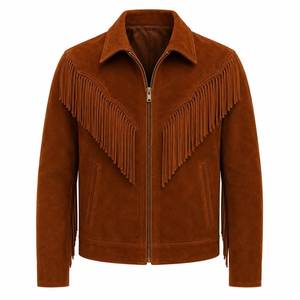 Chaqueta de Cuero Marrón para Hombre con Flecos, Cierre Frontal con Cremallera, Cuello Camisero, Corte Regular, Estilo Urbano, Resistente al Viento, para Invierno - Product Image 3
