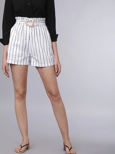 Shorts de Algodón a Rayas de Cintura Alta para Mujer, con Cinturón, Corte Regular Informal, Tejido Oxford Transpirable - Product Image 2