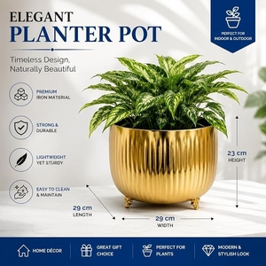 Pot de fleurs d'intérieur de luxe en métal doré avec texture cannelée verticale – Conteneur de fleurs surélevé en métal de style urne - Product Image 4