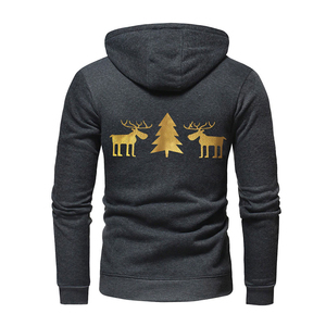 Sudadera con Capucha Gris Oscuro para Hombre con Estampado de Reno y Árbol Dorados, Cordón Rojo, Ropa Casual de Invierno - Product Image 2