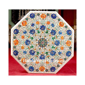 Plateau de table en marbre blanc de forme octogonale, incrustation de fleurs faite à la main, design avec surface brillante, à utiliser pour une table basse dans un restaurant - Product Image 5