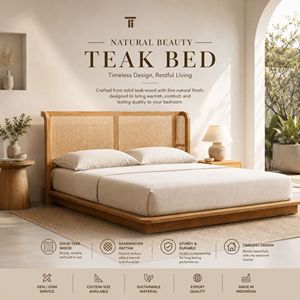 Teak <b>Bed</b> <b>Frame</b> Manufacturer OEM ODM Custom <b>Rattan</b> Headboard Wooden Platform Furniture Wholesale for Private Label Buyers Source - Product Image 1