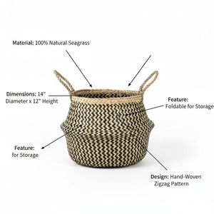 <b>Woven</b> Storage <b>Basket</b> Handwoven Water Hyacinth Belly <b>Basket</b> with Handles Eco Friendly Organizer for Home Decor Laundry Storage - Product Image 5
