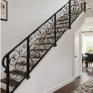 Rampe d'escalier intérieure décorative en fer forgé noir avec motif festonné, balustrade de balcon pour maison, loft, couloir - Product Image 2