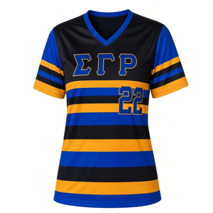 เสื้อเบสบอลลายทางสีดำ Sigma Gamma Rho สำหรับผู้หญิง คอวี แขนสั้น สีน้ำเงินทอง เสื้อผ้าชมรมกรีก ชุดกีฬา - Product Image 3