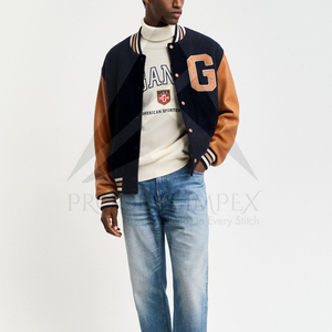 Chaqueta Varsity Azul Marino y Marrón para Hombre con Logotipo G Bordado, Cierre de Botones, Estilo Preppy, Ropa de Otoño - Product Image 2