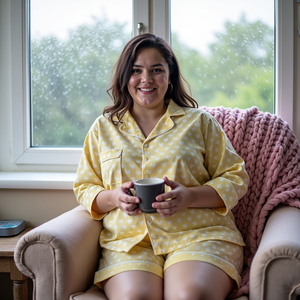 Conjunto de ropa de dormir de satén elegante para mujer Golden Tranquility, pijama de algodón suave, pantalones cortos de corazón amarillo con ribete coordinado, otoño primavera - Product Image 2