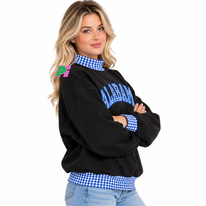 <b>Women's</b> <b>Black</b> Mock Neck Sweatshirt with Blue Gingham Collar and Cuffs Drop Shoulder Cotton <b>Fleece</b> Top Mockneck Sweatshirt - Product Image 2