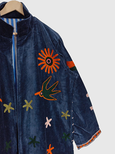 Floral Embroidered <b>Velvet</b> Jacket Mandarin Collar Full Sleeve Plus Size Women's Long Coat Autumn Wear Hand Embroidery Style - Product Image 3