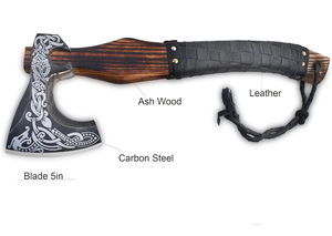 Viking Tomahawk Hatchet With Engraved Steel <b>Head</b> Wood Handle Leather Sheath Survival Axe Outdoor Use - Product Image 5