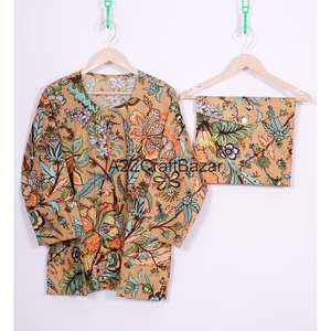 Ensemble de pyjama pour femmes en coton doux 100% à col rond et à motifs floraux, avec taille élastique, respirant et à séchage rapide - Product Image 2