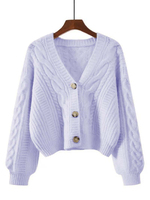 Damen Weiße V-Ausschnitt Strickjacke mit Langen Puffärmeln, Lässiger Einfarbiger Knopfverschluss-Pullover für den Herbst aus Polyester/Baumwolle