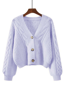 Cárdigan de Punto Blanco con Cuello en V para Mujer, Manga Larga Abullonada, Color Sólido, Cierre de Botones, Suéter Informal para Otoño - Product Image 4