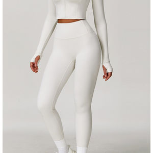 Ensemble de tenue de sport personnalisé avec logo, comprenant des vestes zippées extensibles avec trous pour les pouces, des leggings taille haute à effet ventre plat et un soutien-gorge dos nu, 3 pièces pour le yoga - Product Image 2