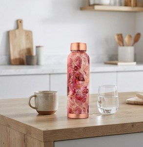 Bouteille d'eau en cuivre à motif floral rose et rouge, en acier inoxydable, avec bouchon à vis, thermos pour le bureau, la maison, les voyages, le yoga - Product Image 6
