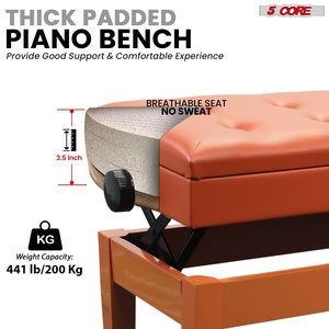 5 Core Duet Piano Bench 3.5 Inch <b>Padded</b> Cushioned Stool Wooden Heavy Duty Musician <b>Chair</b> w Storage - Product Image 2