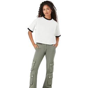 Women's <b>White</b> <b>Crop</b> T-<b>Shirt</b> Crew Neck Short Sleeve Loose Fit Solid Color Casual Jersey Knitted 100% Cotton Spring Summer T-<b>Shirt</b> - Product Image 4
