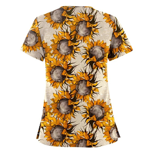 Custom Printed Sunflower Scrub Top - Wholesale Women's V-Neck Medical Uniform - Breathable Short Sleeve <b>Nurse</b> Clinic Wear - Product Image 2
