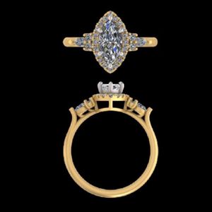 Stunning Marquise Cut Diamond Halo Engagement <b>Ring</b> with Cluster Side <b>Stones</b> <b>Two</b> Tone Gold Anniversary Wedding Band for Women - Product Image 1