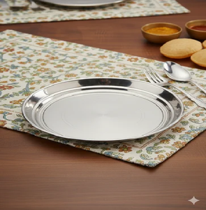 Plato de Presentación Redondo de Acero Inoxidable Plateado Pulido, Vajilla Metálica Clásica - Product Image 1