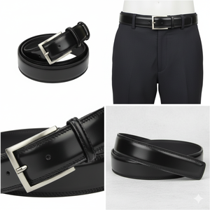 Cinturón de Cuero Vacuno Negro con Hebilla Rectangular Plateada, Diseño Sólido, Cinturón de Vestir de Cuero Genuino para Hombre - Product Image 2