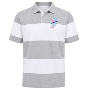 Heather Gray White Horizontal Stripe Polo <b>Shirt</b> Short Sleeve Collared Button Placket Casual Golf Team with JJ Logo Embroidery - Product Image 1