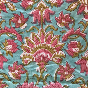 Tissu en coton imprimé à la main – Imprimé floral jaal rose sur fond vert sarcelle, textile indien traditionnel - Product Image 3