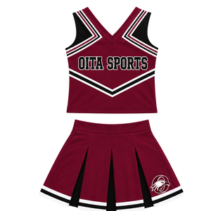 Adults Maroon <b>Black</b> White Printed Sleeveless V Neck Crop Top <b>Pleated</b> <b>Skirt</b> Cheerleading Uniform Set for Performance Dance Team - Product Image 1