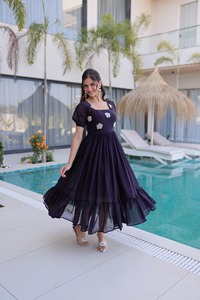 Vestido de Seda con Bordado de Cuentas, Diseño Indio Moderno, para Bodas, Fiestas, Uso Casual, de Secado Rápido, para Mujer - Product Image 2