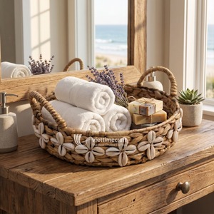 Cesta Tejida a Mano de Jacinto de Agua Ecológica con Asas, Diseño Floral, Color Marrón Rústico, para Uso en Hoteles y Hogares - Product Image 3
