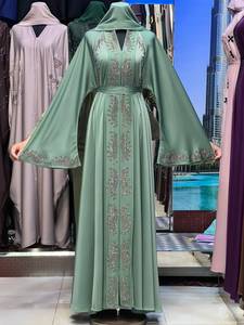 2026 NewGreen V Neck Abaya Women Ankle Length Long Sleeve Beaded Modest Evening Party Daily Wear Breathable Polyester <b>Flared</b> Hem - Product Image 1