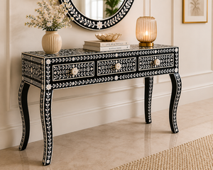 Table console de luxe en os incrusté avec cadre de miroir et 3 tiroirs, meuble d'entrée tendance pour la décoration du couloir - Product Image 2