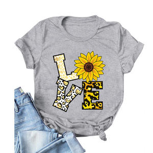 High Quality Cotton Short Sleeve T-Shirt with Creative Sunflower Love Printed Valentine's Day Casual O-Neck Shirt - Product Image 1