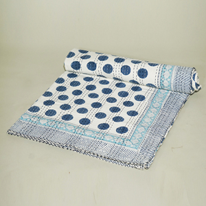 Colcha Kantha Azul con Puntos, Hecha a Mano, de Algodón Orgánico, Reversible, Estilo Patchwork Floral, Esponjosa, Lavable, para Todas las Estaciones - Product Image 2