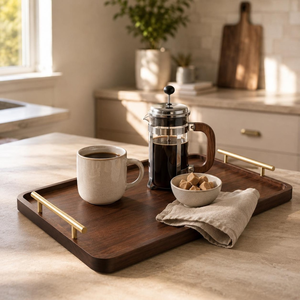 Elegante Bandeja de Madera para Servir Café con Bordes Elevados y Asas Metálicas, Bandeja para Desayuno, Comida, Té y Bebidas para el Hogar, Hotel o Restaurante - Product Image 1