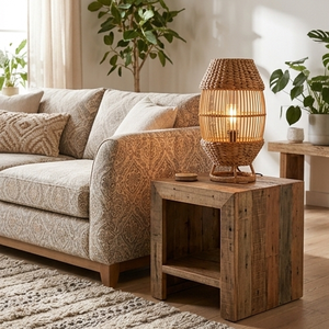 Lámpara de mesa de ratán tejida a mano con jacinto de agua natural, Tya Loka Wood And Soul, decoración rústica bohemia para el hogar, accesorio de iluminación interior. - Product Image 5